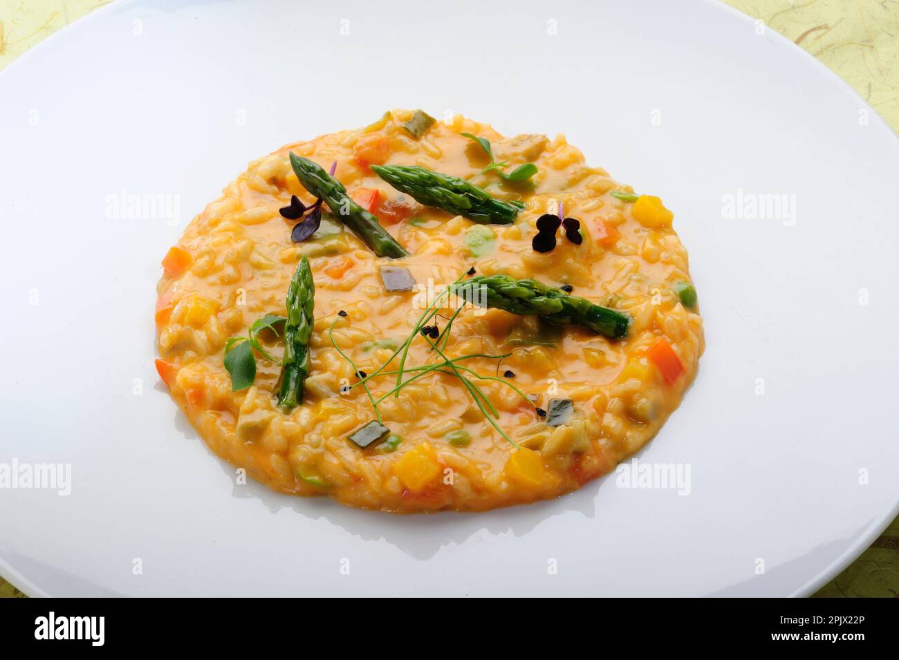 Un plat de risotto aux pointes de citrouille et d'asperges. Banque D'Images