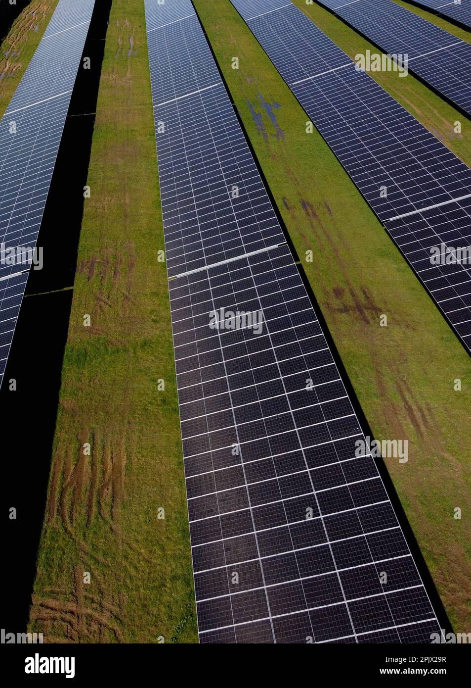 Vue aérienne de la plus grande installation de panneaux solaires wallon, à Braine l'Alleud, mardi 04 avril 2023. La municipalité de Braine-l'Alleud a inauguré un champ de panneaux photovoltaïques de 19 hectares, conçu par les autorités municipales et situé dans une ancienne fosse de sable. Près de 18 500 panneaux photovoltaïques à deux côtés orientés vers le sud fourniront jusqu'à 40 millions de kWh chaque année, soit la consommation annuelle de 4 000 000 ménages, et l'électricité arrivera directement sur le site de la société UCB, située à quelques centaines de mètres. BELGA PHOTO ERIC LALMAND crédit: Belga News Agency/Alay Live News Banque D'Images