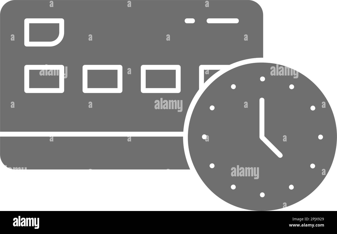 Carte de crédit avec horloge, traitement de paiement d'argent, le temps est argent icône de remplissage gris. Achat, banque en ligne, symbole financier. Illustration de Vecteur