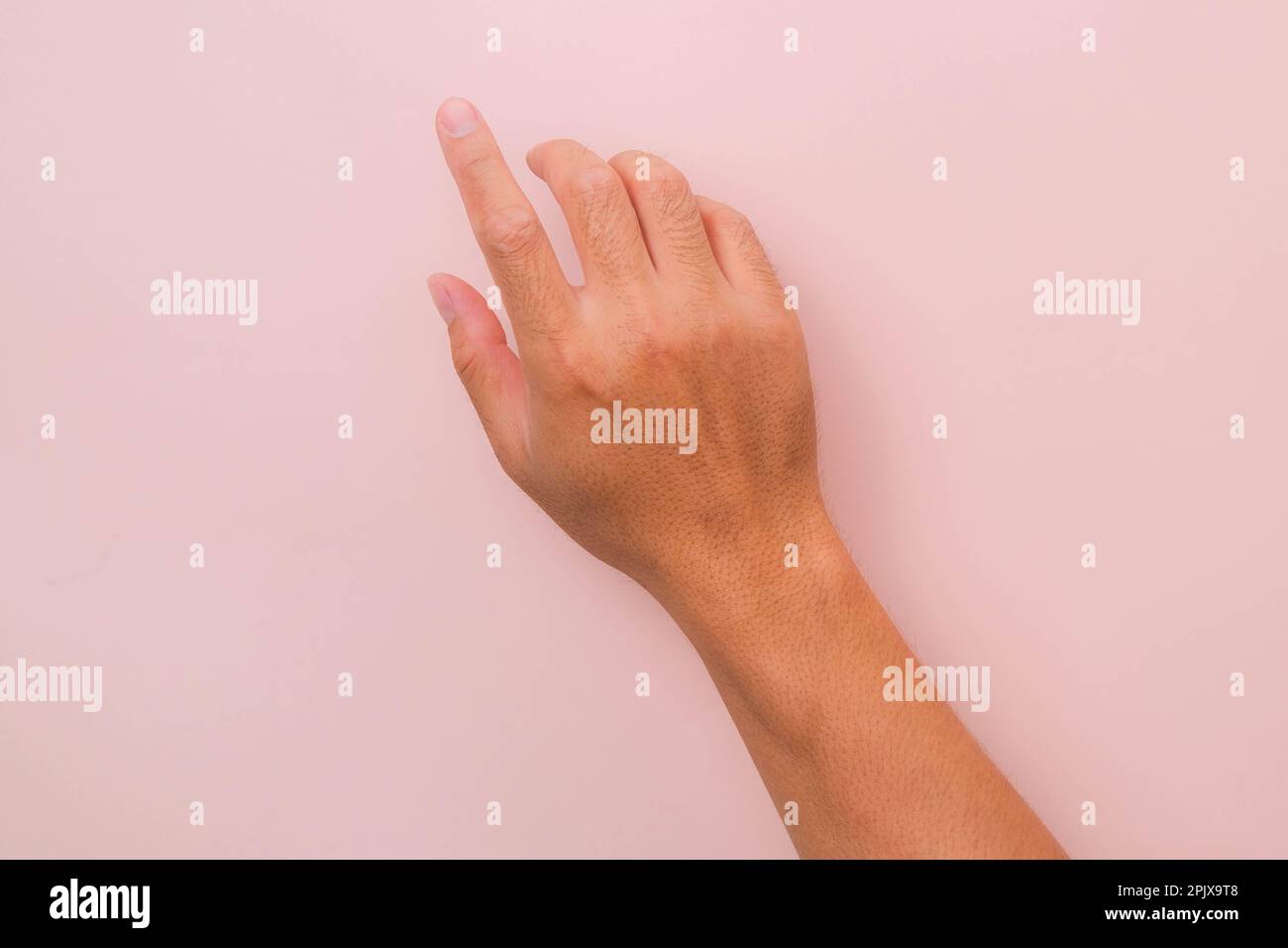 Main mâle touchant avec un doigt isolé sur fond rose. Mains pour utiliser l'écran tactile. Banque D'Images