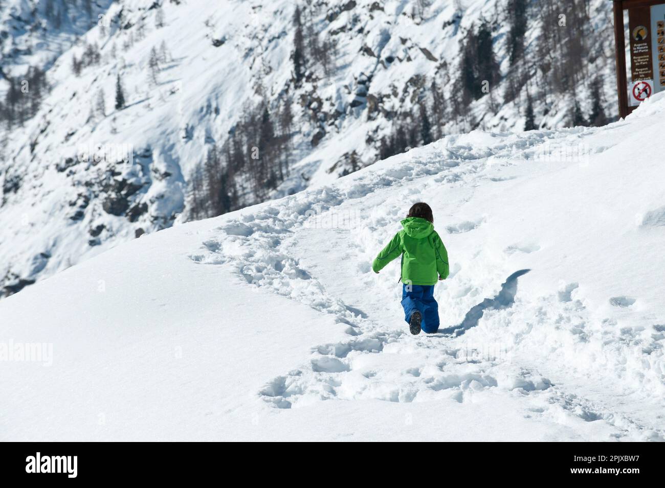 Excursion d'hiver dans la neige avec un enfant de trois ans pour apercevoir des chamois dans le groupe Gran Paradiso. Val di Cogne, Vallée d'Aoste, Italie Banque D'Images