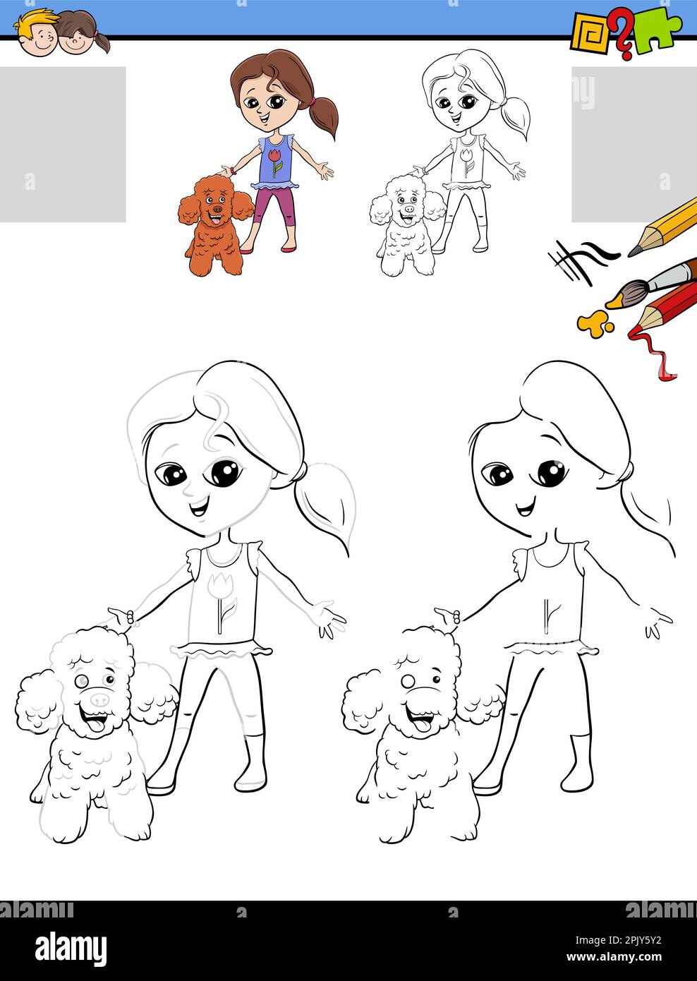 Illustration de dessin et de coloriage d'activité éducative avec le personnage de fille et son chien de paddle Illustration de Vecteur