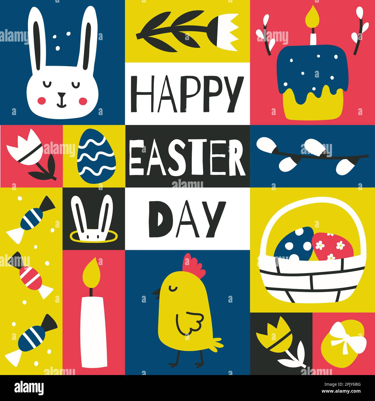 Carte de vœux de Pâques, affiche graphique carrée avec symboles Pâques. Lapin, panier, œufs, bonbons. Carte colorée et contrastée avec décoration en chidish à main levée Illustration de Vecteur