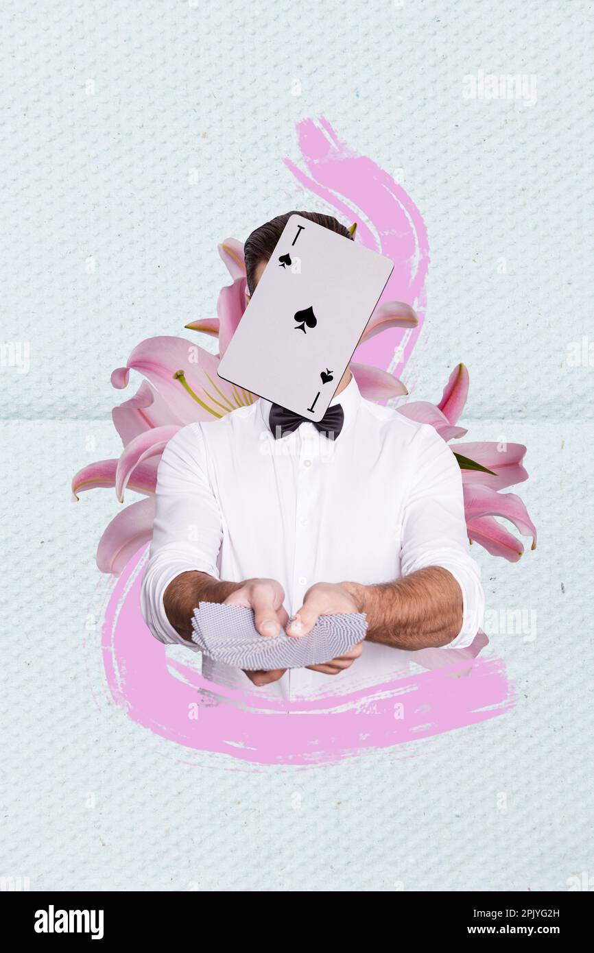 Image de collage vertical de magicien homme mains tenir les cartes de poker  ace couverture face grande fleur isolée sur fond de dessin Photo Stock -  Alamy