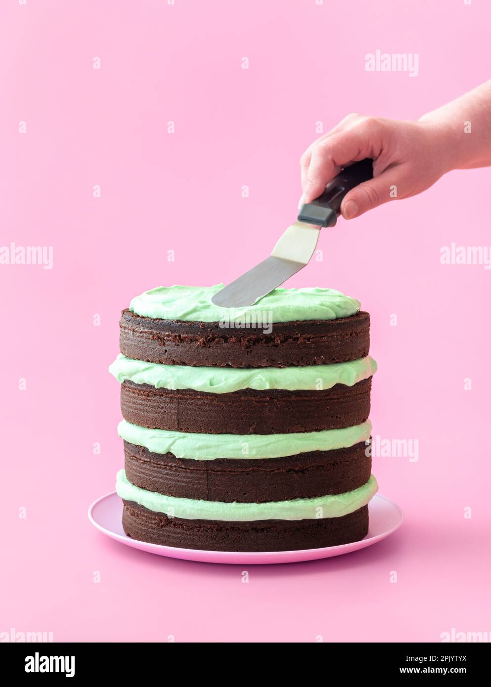 Femme fait un gâteau au chocolat à la menthe, minimaliste sur fond rose. Délicieux gâteau maison, au chocolat noir et à la crème de beurre à la menthe Banque D'Images
