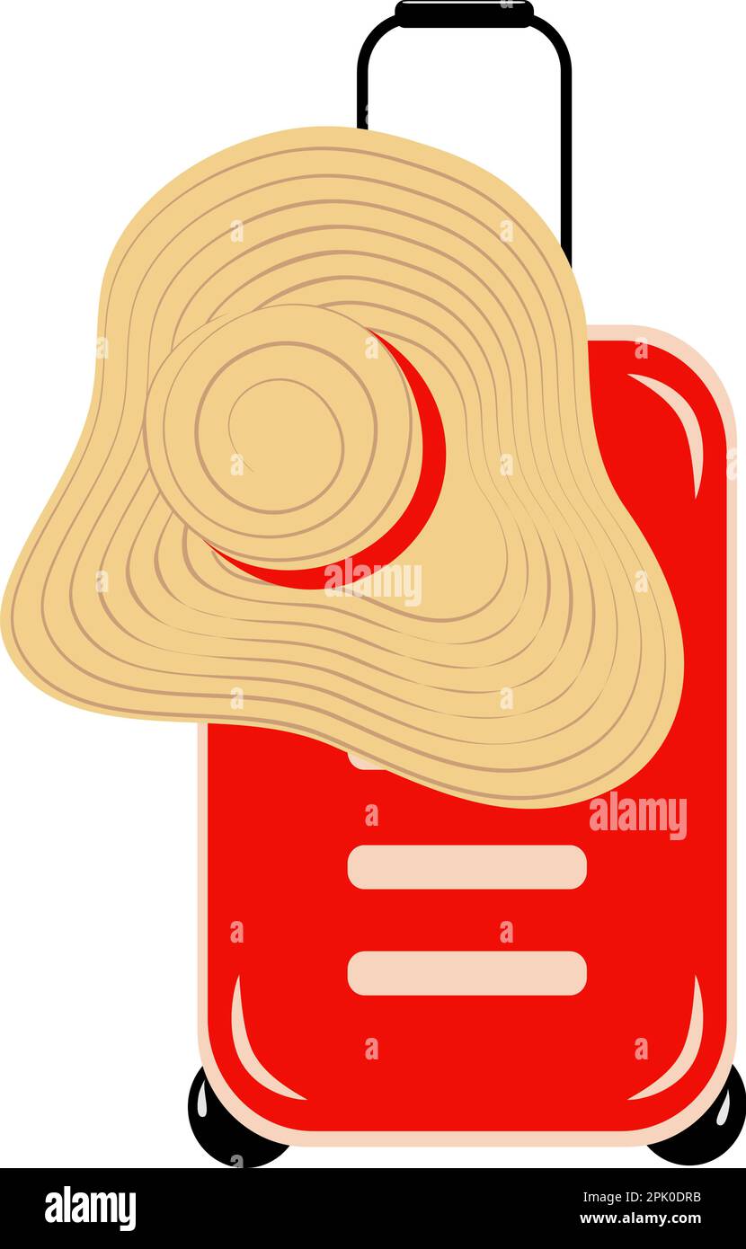 Image abstraite d'une valise de voyage sur roues et d'un chapeau à large bord dans des teintes vives et tendance. Journée mondiale du tourisme. Jour des douanes. Autocollant. Icône. Isoler. Design pour affiche, bannière ou prix, étiquette. EPS Illustration de Vecteur