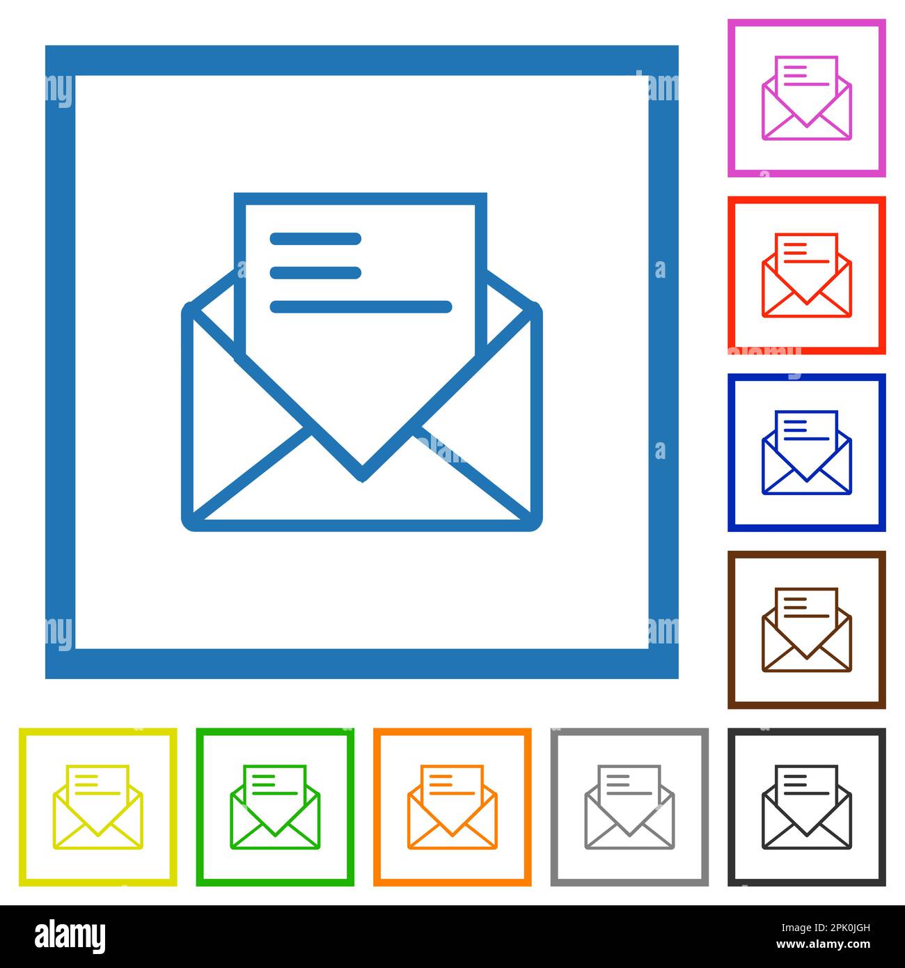 Ouvrez le courrier avec des icônes de couleur plate de contour de lettre dans des cadres carrés sur fond blanc Illustration de Vecteur
