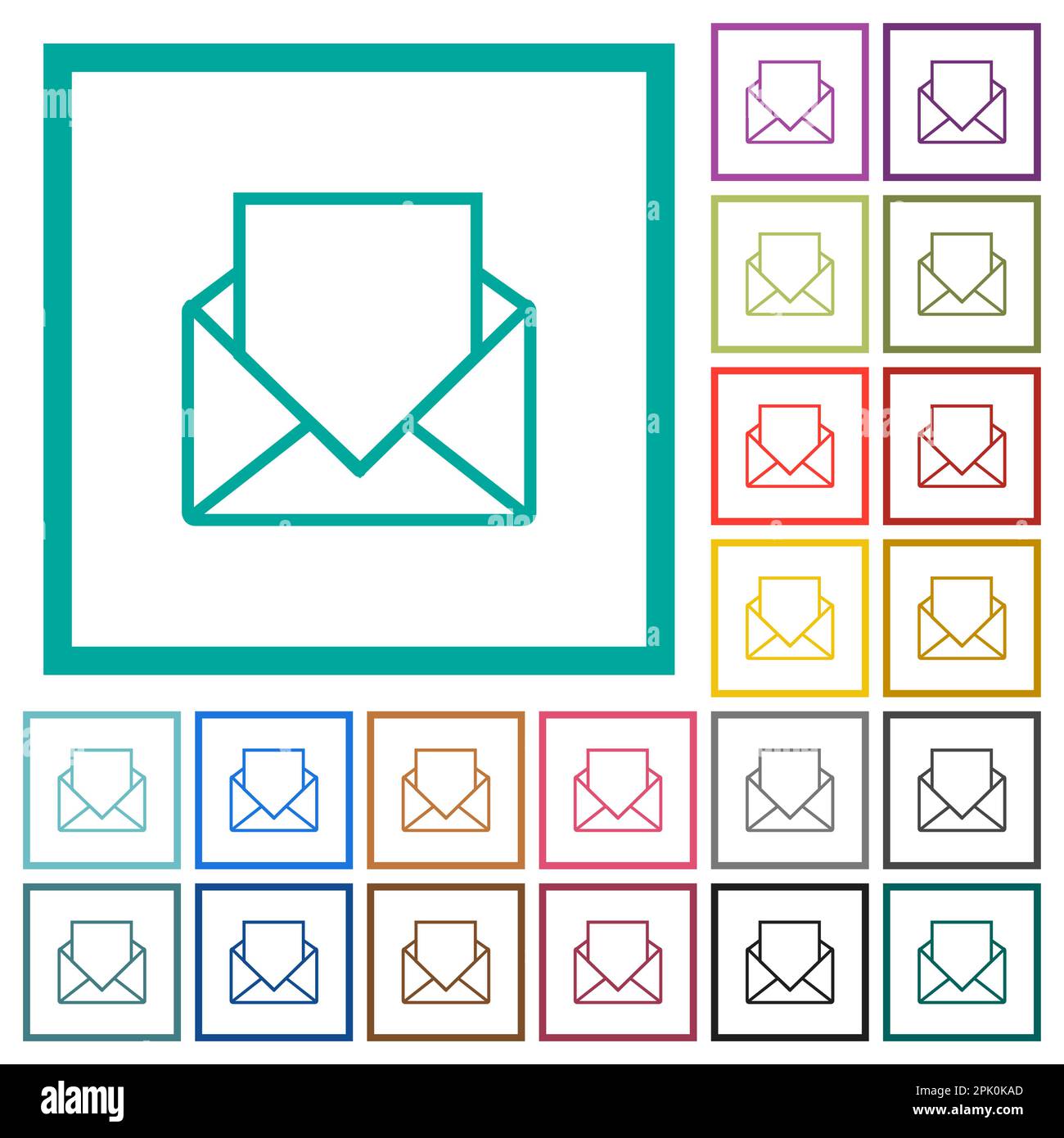Ouvrez le courrier avec des icônes de couleur plate de contour de lettre vierge avec des cadres de quadrant sur fond blanc Illustration de Vecteur
