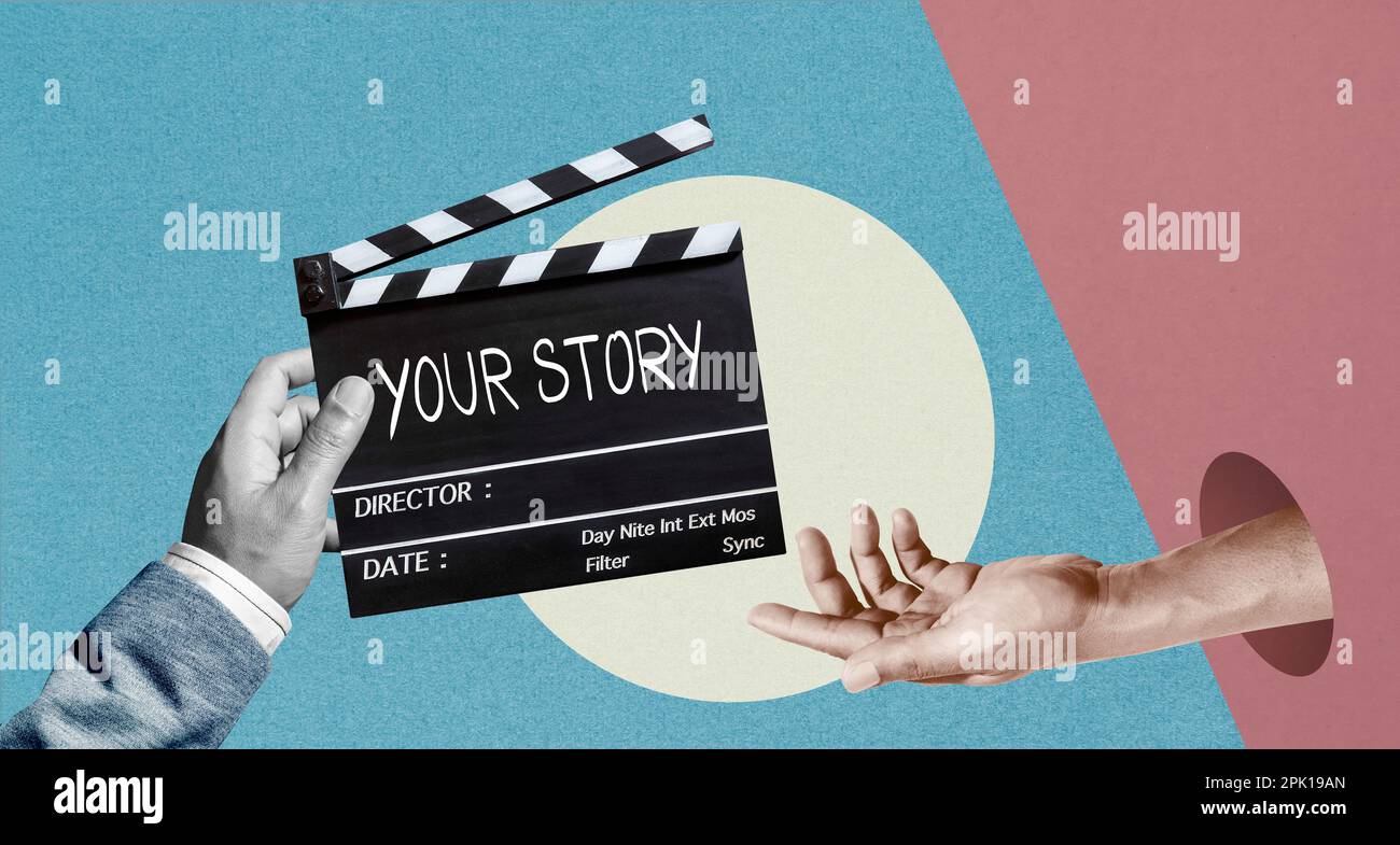 Votre histoire, écriture manuscrite sur une ardoise de film, storytelling et partage de vision. concept dans l'industrie cinématographique Banque D'Images