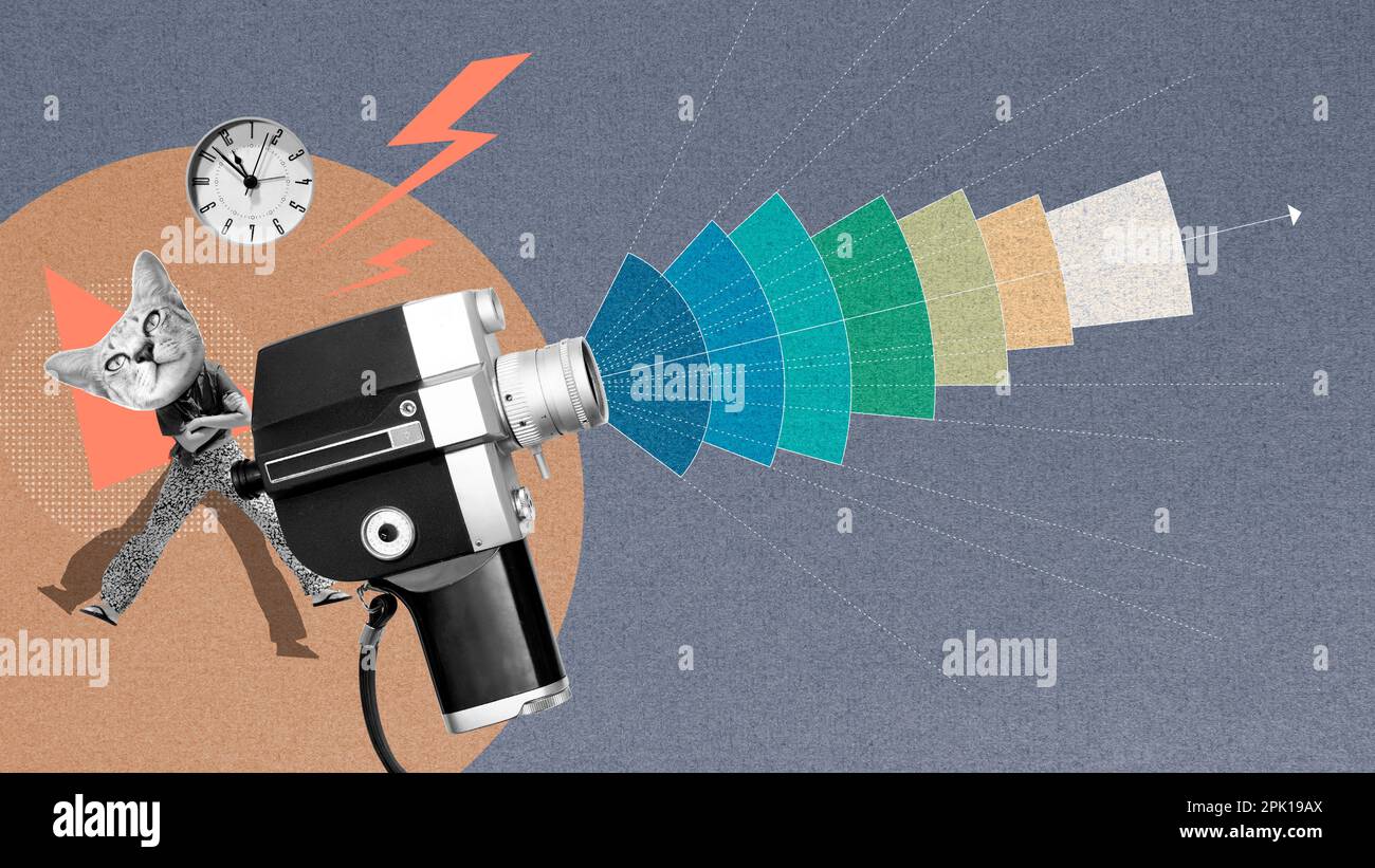 Caméra de cinéma antique 8mm et diagrammes montrant les longueurs focales de différents types d'objectifs par couleur. Banque D'Images