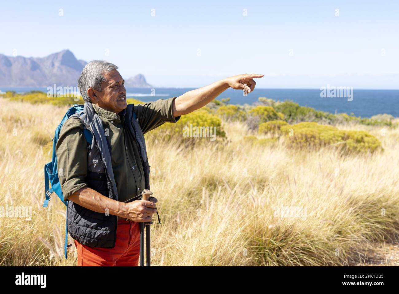 Heureux homme biracial senior randonnée avec des bâtons de randonnée dans les montagnes, pointant vers l'extérieur Banque D'Images