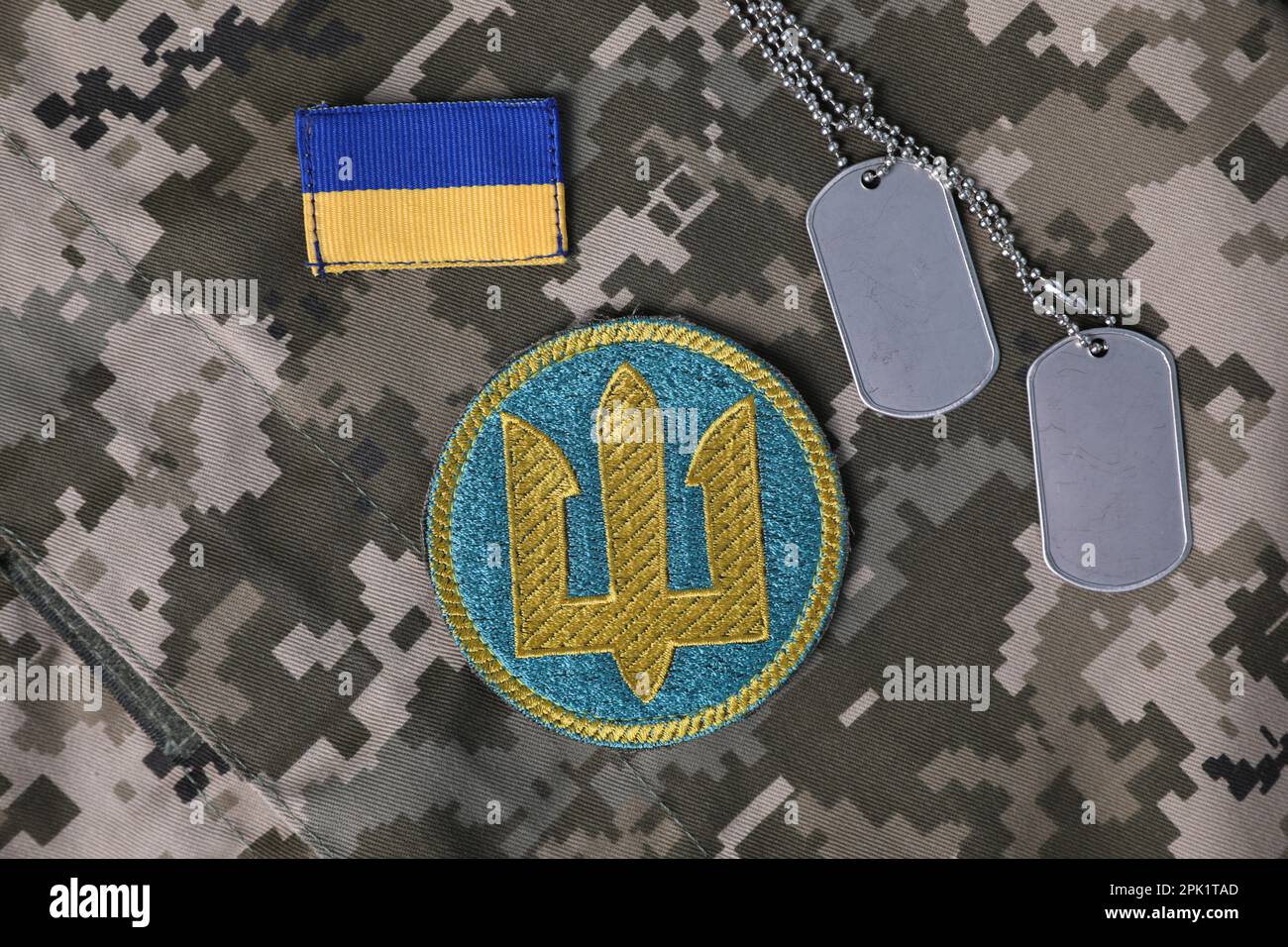 MYKOLAIV, UKRAINE - 19 SEPTEMBRE 2020: Composition de la pose plate avec des timbres militaires de l'Ukraine et des étiquettes de chien sur fond de camouflage Banque D'Images