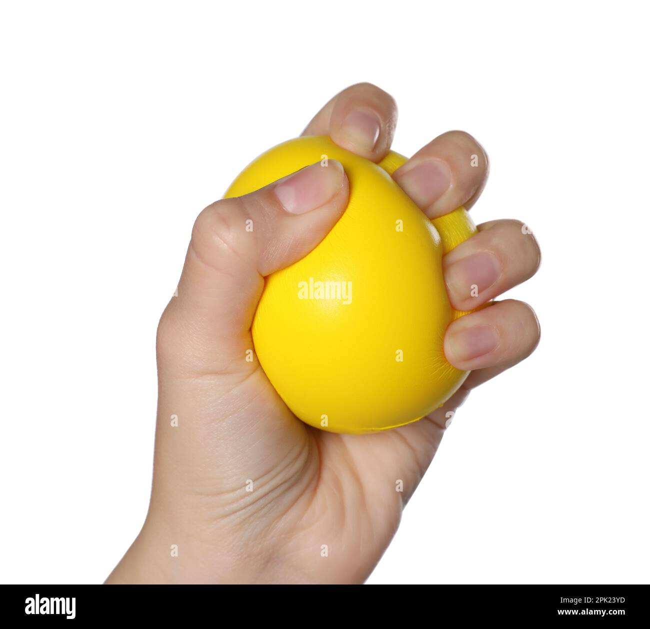 Femme pressant ballon antistress sur fond blanc, gros plan Banque D'Images