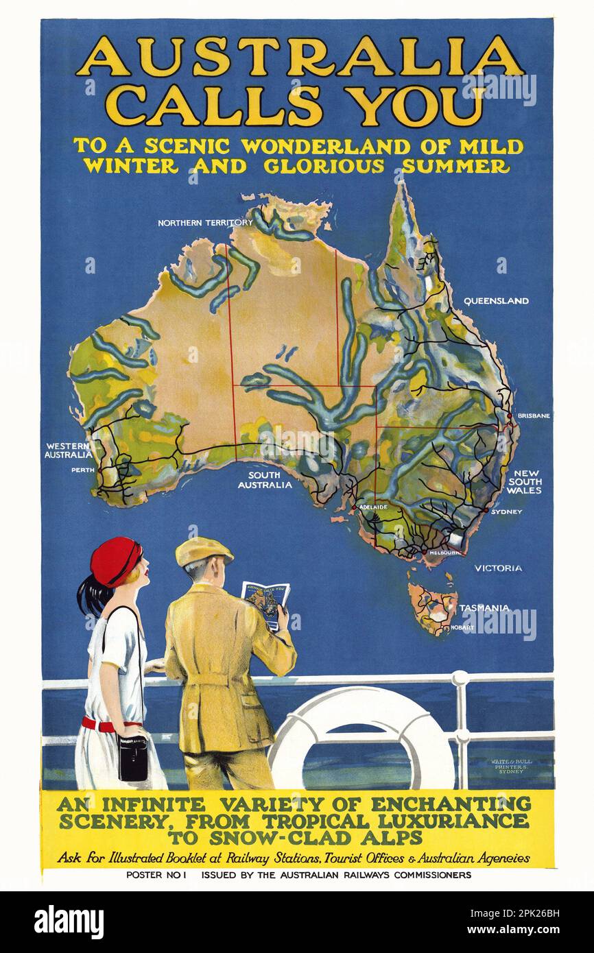 L'Australie vous appelle dans un magnifique pays pittoresque d'hiver doux et d'été glorieux par Allan Lewis (1895-1987). Affiche publiée en 1924. Banque D'Images