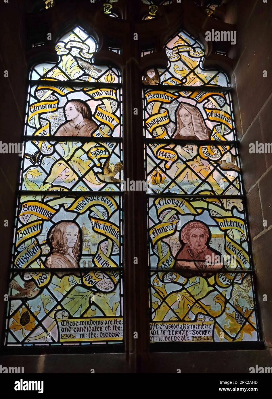 Cadeau de filles friendly Society vitrail vitrail dame chapelle, Liverpool anglican Cathedral, St James' Mount, Liverpool, Merseyside, Angleterre, Royaume-Uni, L1 Banque D'Images