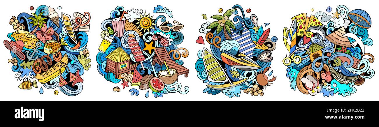Ensemble de motifs d'estival de plage à motif de dessin animé et motif de caniche. Compositions détaillées colorées avec beaucoup d'objets et de symboles estivaux. Isolé sur illustrat blanc Illustration de Vecteur