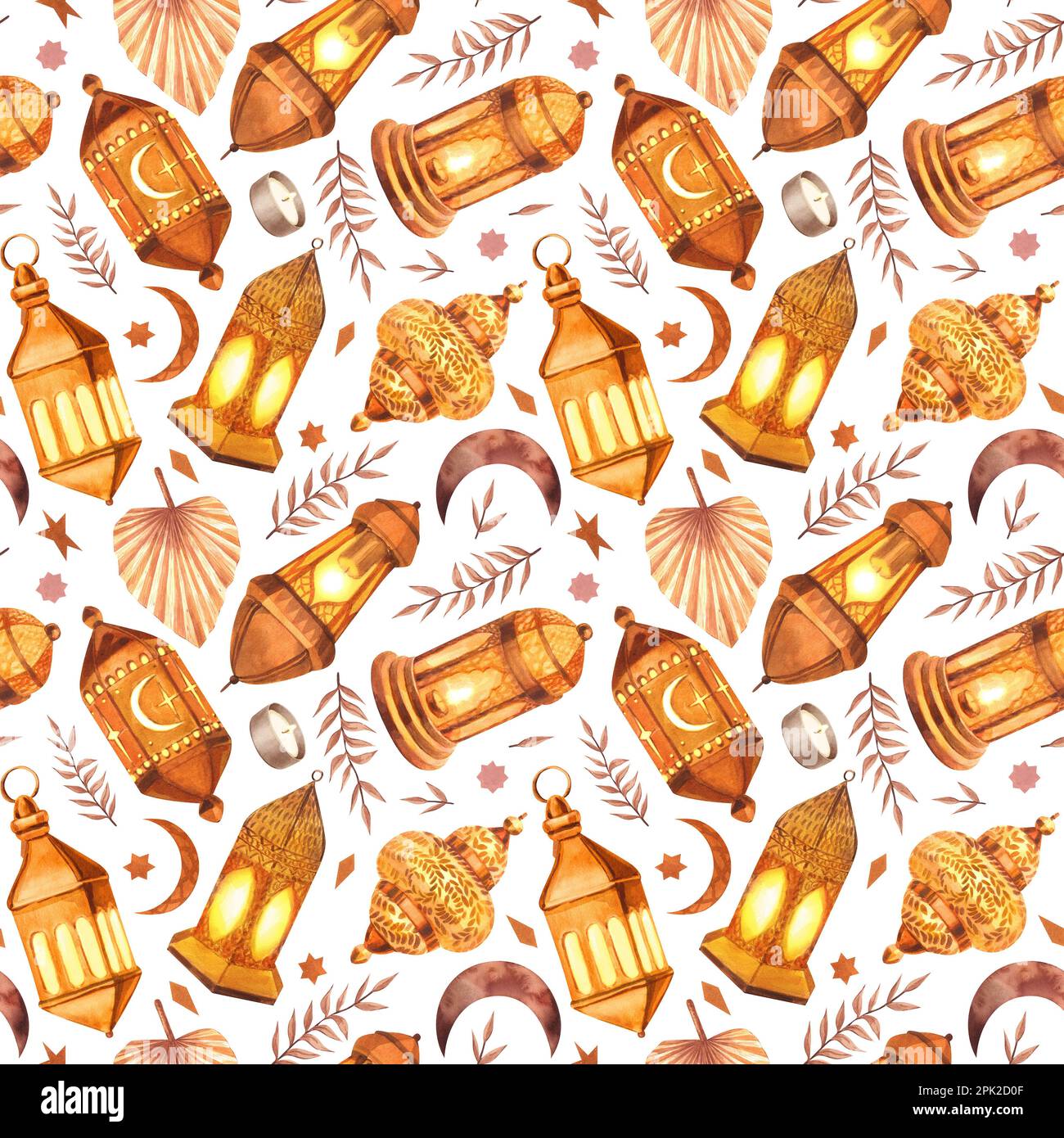 Objet islamique peint aquarelle à motif sans couture. Illustration dessinée à la main isolée sur fond blanc. Pour le jour de célébration islamique ramadan kareem Banque D'Images