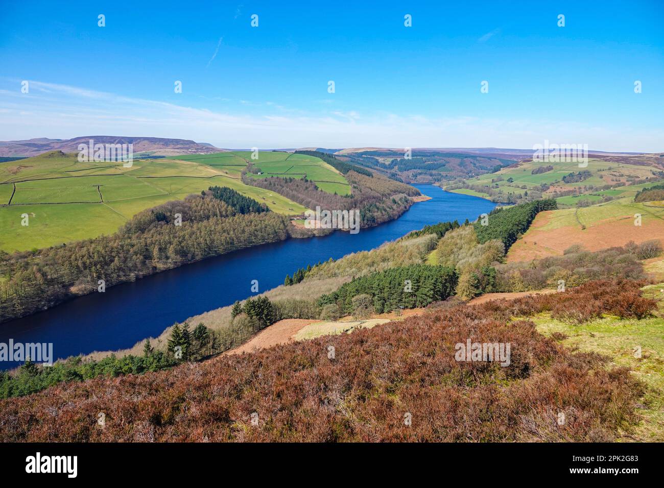 Marche le long de Dovestones Edge, au-dessus du réservoir Ladybower et des barrages Derwent, Peak District, Derbyshire, Royaume-Uni Banque D'Images