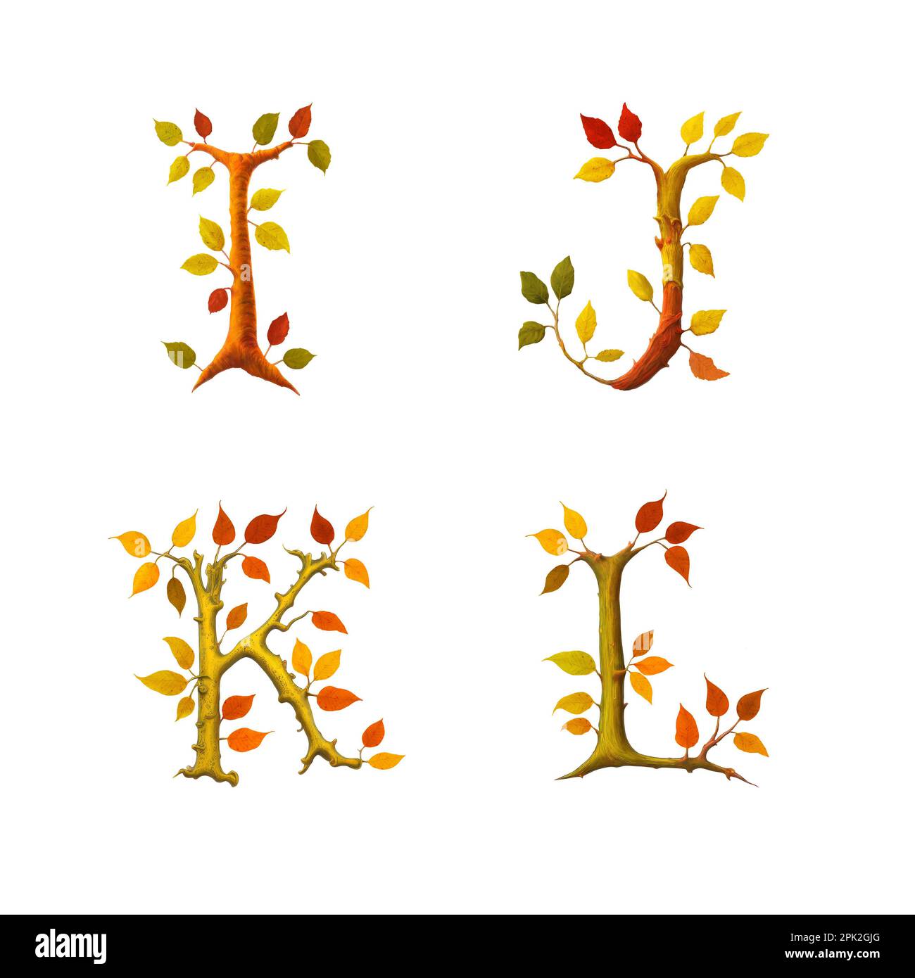 3D illustration de l'alphabet stylisé des feuilles d'automne - lettres I-L Banque D'Images