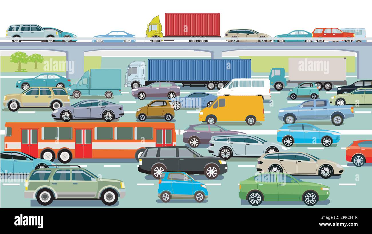 Autoroute avec camion et voiture de tourisme, illustration Illustration de Vecteur