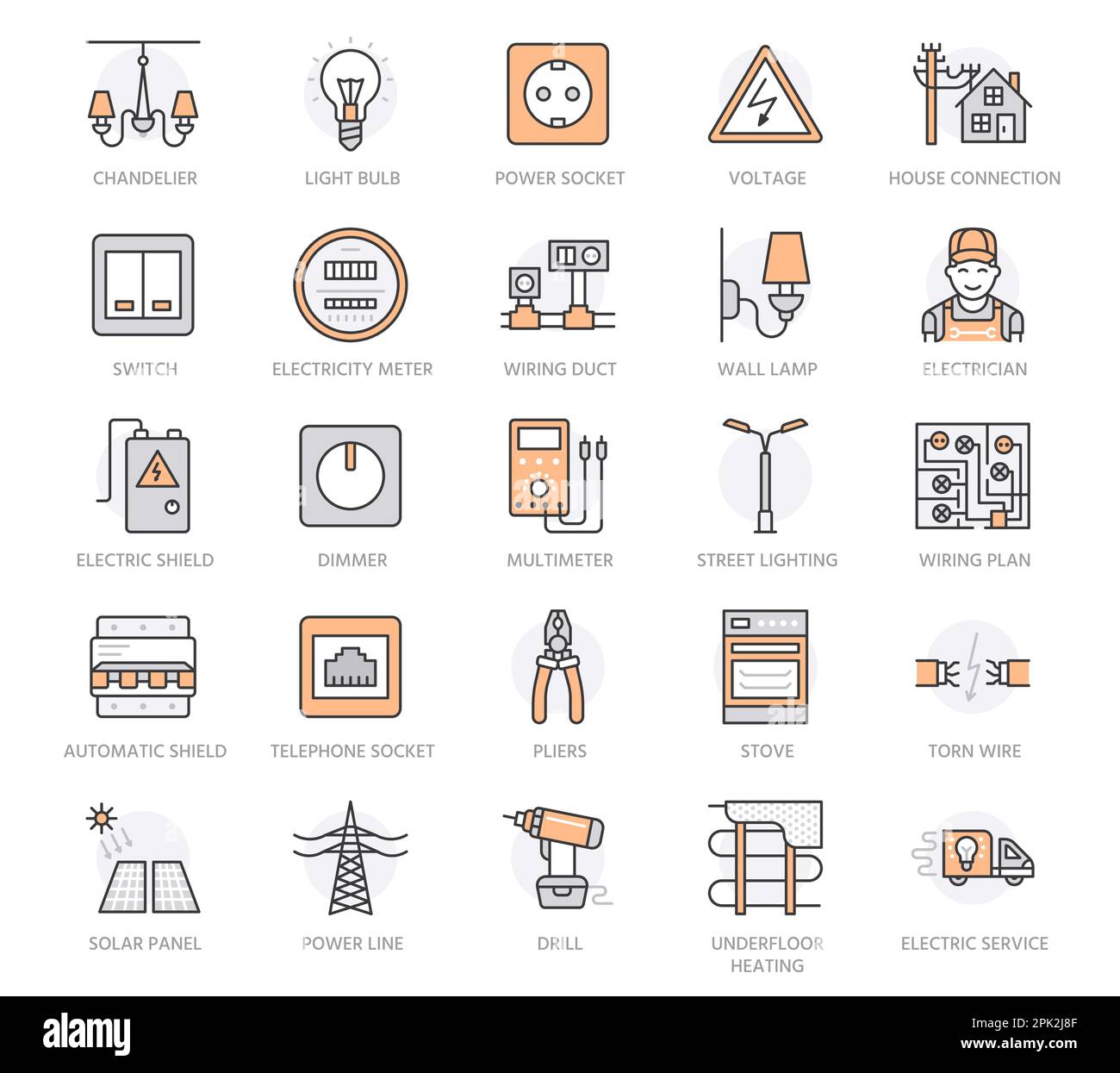 Icônes de lignes plates vectorielles d'ingénierie électrique. Equipement électrique, prise de courant, câble déchiré, compteur d'énergie, lampe. Panneaux de service d'électricien, maison Illustration de Vecteur