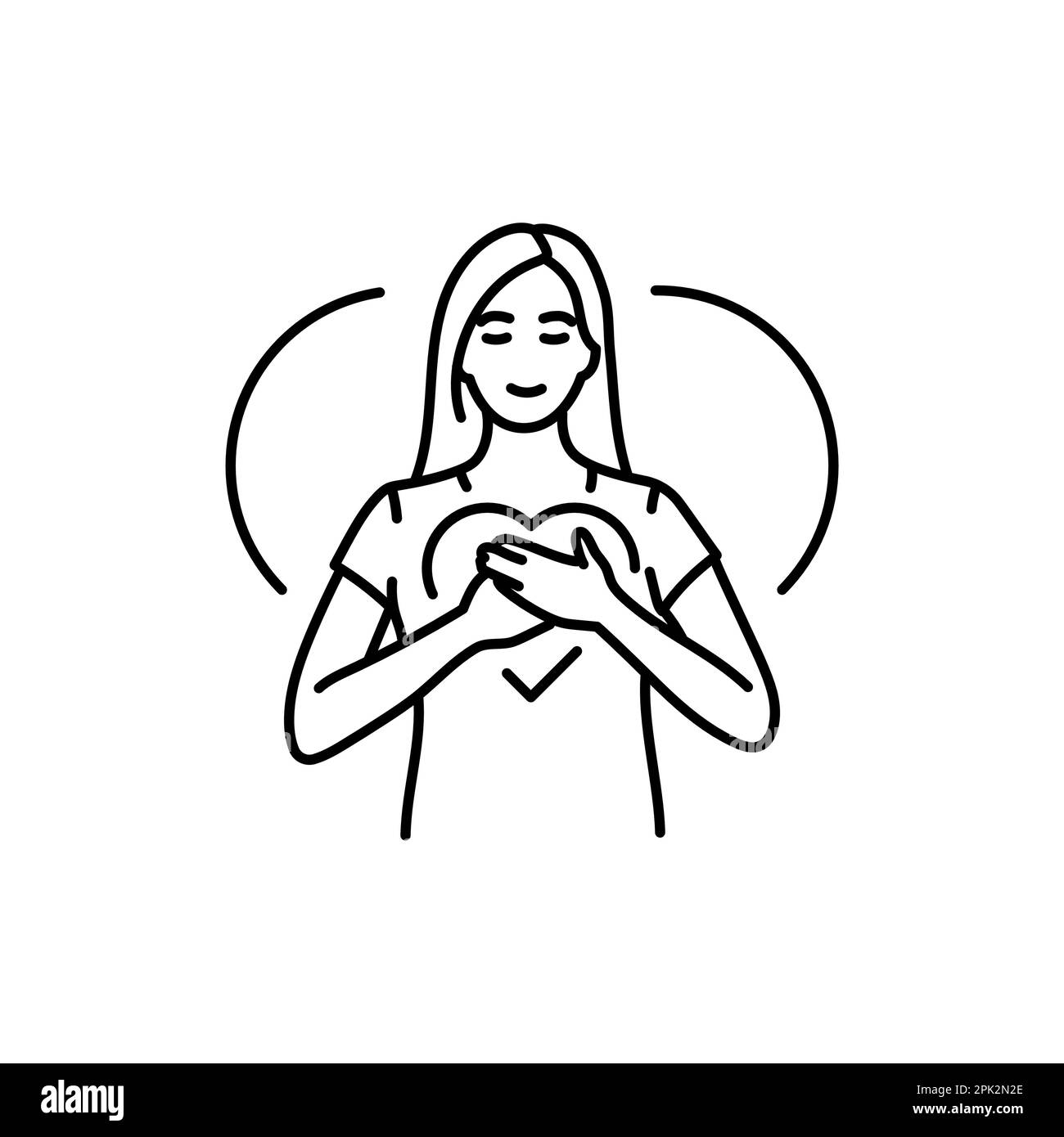Icône de la ligne noire de méditation d'amour-bonté. Bonne femme se sentant bénie. Pictogramme pour page Web, application mobile, Promo. Illustration de Vecteur
