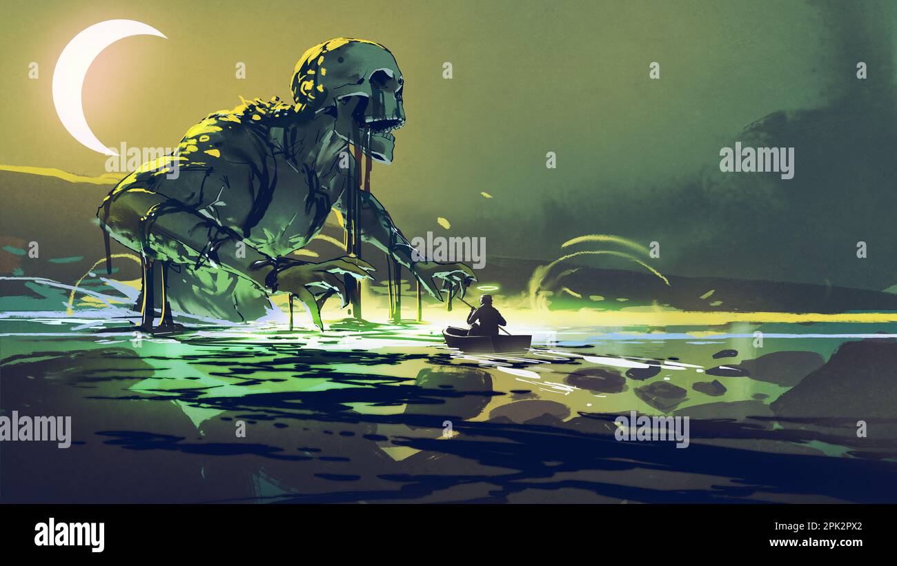 Fantôme géant dans le marais de la chaux noire, style d'art numérique, peinture d'illustration Banque D'Images