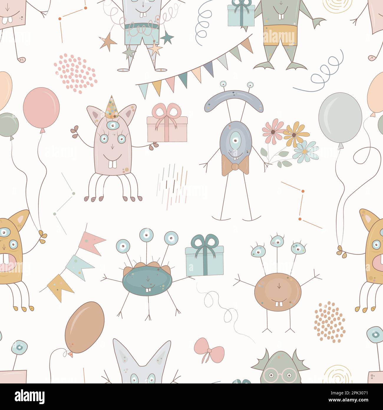 Motifs marins Happy Holidays. Ensemble et boîte à texte « Monster coloré » représentant une silhouette de tête et un symbole avec cadeau et ballons. Mignon dessin animé kawaii effrayant bébé drôle chara Banque D'Images