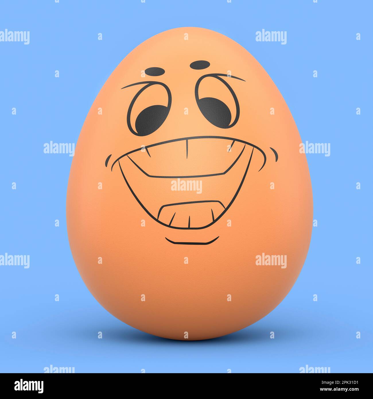 Ferme oeuf peint brun avec des expressions et visage drôle isolé sur fond bleu. 3D rendu des oeufs de Pâques modèle de conception pour l'accueil et invité Banque D'Images
