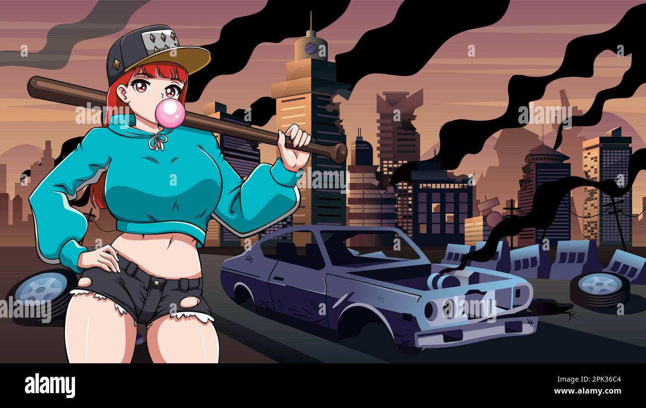 Anime Bat Girl dans la ville en ruines Illustration de Vecteur