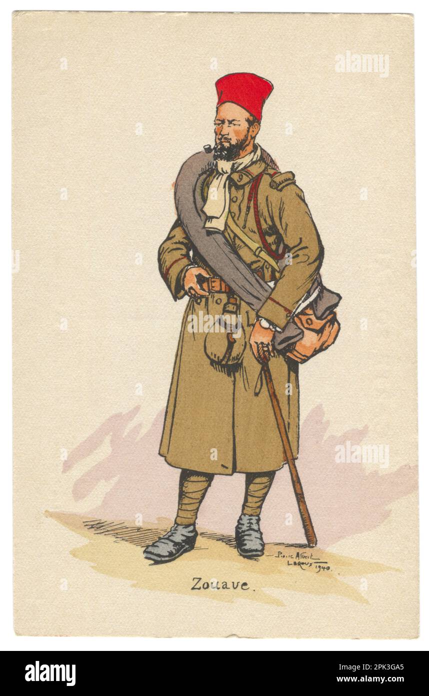 Carte postale historique française : illustration d'un soldat zouave en uniforme militaire, 1940 Banque D'Images