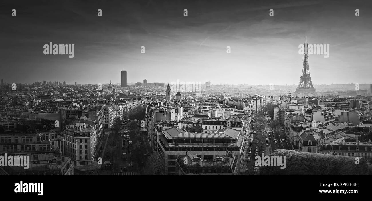 Panorama de Paris en noir et blanc. Vue aérienne romantique sur les toits jusqu'à la Tour Eiffel, France. Destination de vacances, visite du paysage urbain parisien sc Banque D'Images