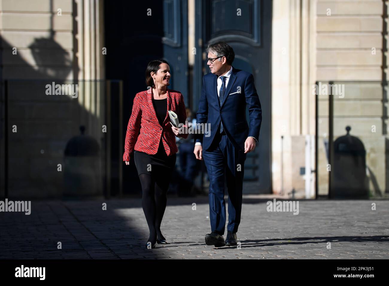 Paris, France. 04th avril 2023. Olivier FAURE, premier secrétaire du Parti socialiste (PS), et Johanna ROLLAND lors d'une rencontre avec le Premier ministre français à l'Hôtel Matignon, sur 4 avril 2023 à Paris, France. Crédit : Victor Joly/Alamy Live News Banque D'Images
