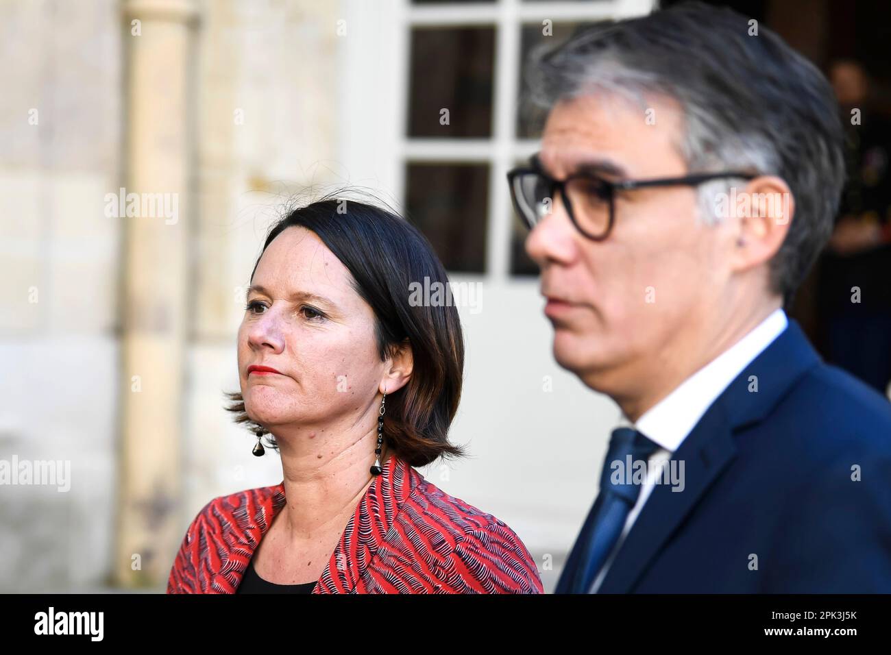 Paris, France. 04th avril 2023. Olivier FAURE, premier secrétaire du Parti socialiste (PS), et Johanna ROLLAND lors d'une rencontre avec le Premier ministre français à l'Hôtel Matignon, sur 4 avril 2023 à Paris, France. Crédit : Victor Joly/Alamy Live News Banque D'Images