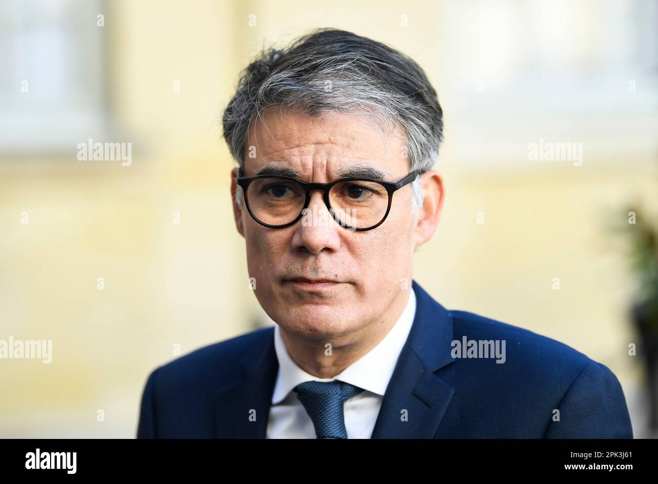 Paris, France. 04th avril 2023. Olivier FAURE, premier secrétaire du Parti socialiste (PS), et Johanna ROLLAND lors d'une rencontre avec le Premier ministre français à l'Hôtel Matignon, sur 4 avril 2023 à Paris, France. Crédit : Victor Joly/Alamy Live News Banque D'Images