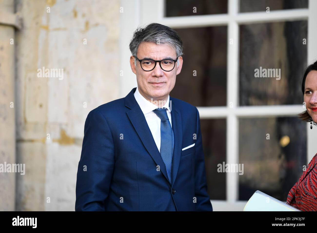 Paris, France. 04th avril 2023. Olivier FAURE, premier secrétaire du Parti socialiste (PS), et Johanna ROLLAND lors d'une rencontre avec le Premier ministre français à l'Hôtel Matignon, sur 4 avril 2023 à Paris, France. Crédit : Victor Joly/Alamy Live News Banque D'Images