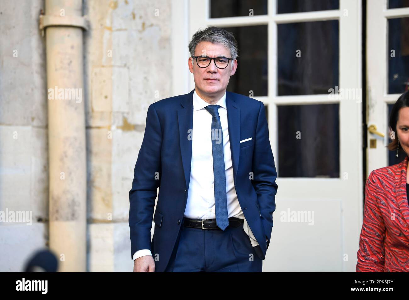 Paris, France. 04th avril 2023. Olivier FAURE, premier secrétaire du Parti socialiste (PS), et Johanna ROLLAND lors d'une rencontre avec le Premier ministre français à l'Hôtel Matignon, sur 4 avril 2023 à Paris, France. Crédit : Victor Joly/Alamy Live News Banque D'Images