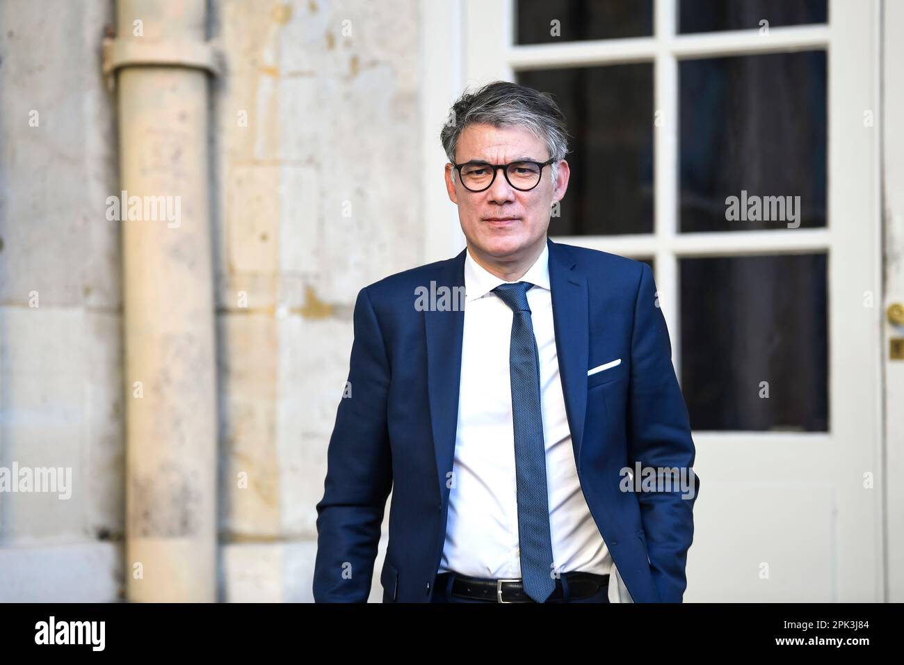 Paris, France. 04th avril 2023. Olivier FAURE, premier secrétaire du Parti socialiste (PS), et Johanna ROLLAND lors d'une rencontre avec le Premier ministre français à l'Hôtel Matignon, sur 4 avril 2023 à Paris, France. Crédit : Victor Joly/Alamy Live News Banque D'Images