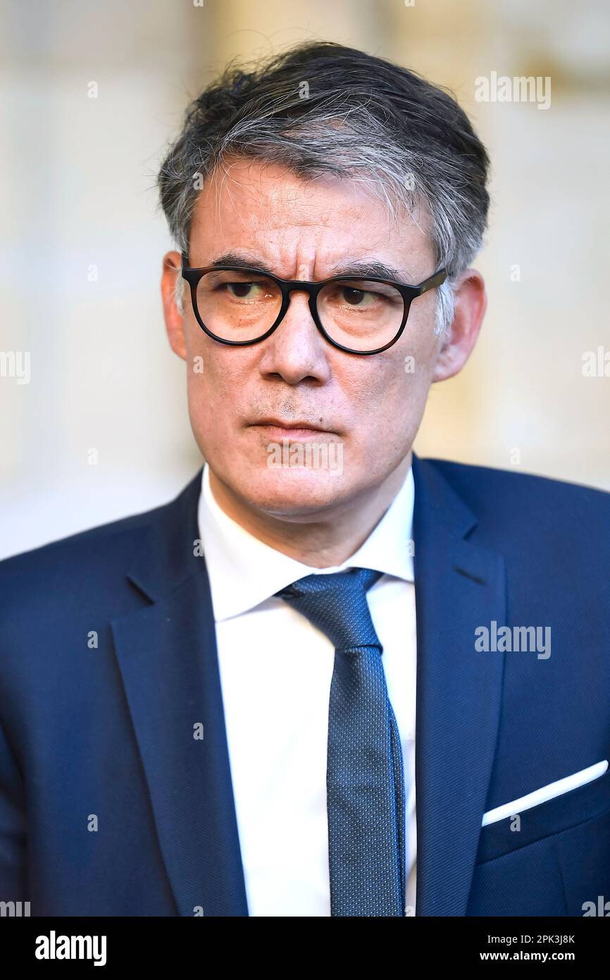 Paris, France. 04th avril 2023. Olivier FAURE, premier secrétaire du Parti socialiste (PS), et Johanna ROLLAND lors d'une rencontre avec le Premier ministre français à l'Hôtel Matignon, sur 4 avril 2023 à Paris, France. Crédit : Victor Joly/Alamy Live News Banque D'Images