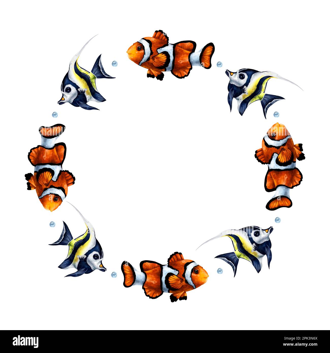 Composition à cadre rond avec monde sous-marin et poisson tropical Clown et idole mauresque. Illustration numérique sur fond blanc. Pour l'impression, cist Banque D'Images