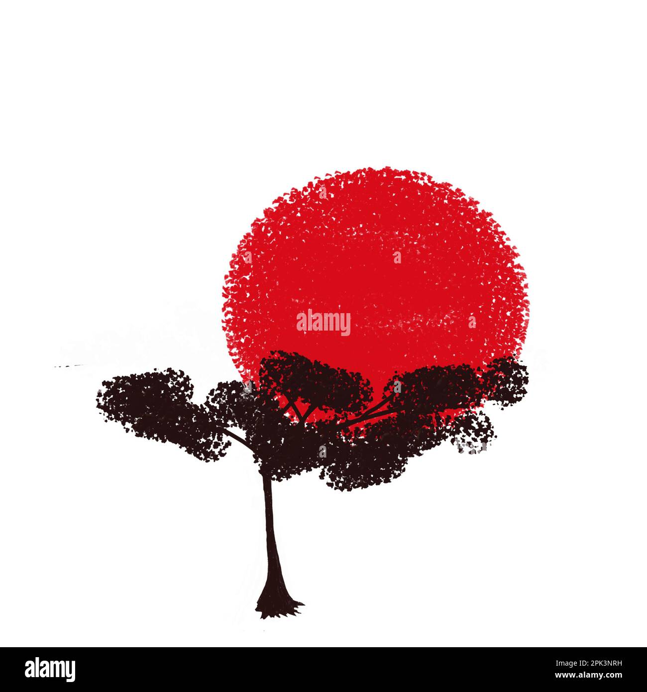 Un cercle rouge dans le style grunge sur un fond blanc représentant le soleil et les cerisiers en fleurs. Le drapeau japonais est un symbole du soleil levant. Banque D'Images