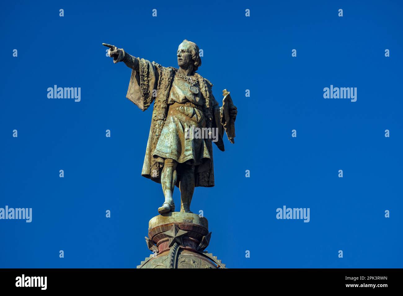 Sculpture de Christophe Colomb au Monument de Christophe Colomb à Barcelone (Catalogne, Espagne) ESP: Escultura de Cristóbal Colón en el monumento a Colón Banque D'Images