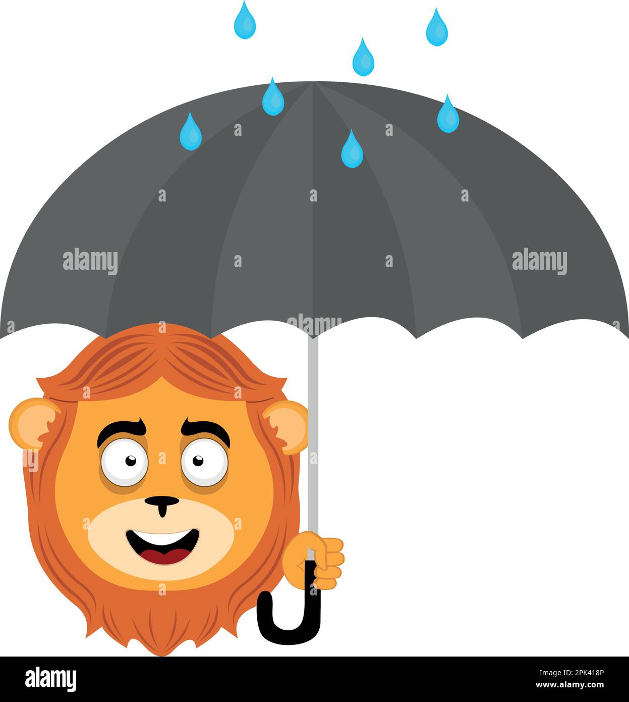 Illustration vectorielle face de Leon caricature heureux, un parapluie en main avec des gouttes de pluie Illustration de Vecteur