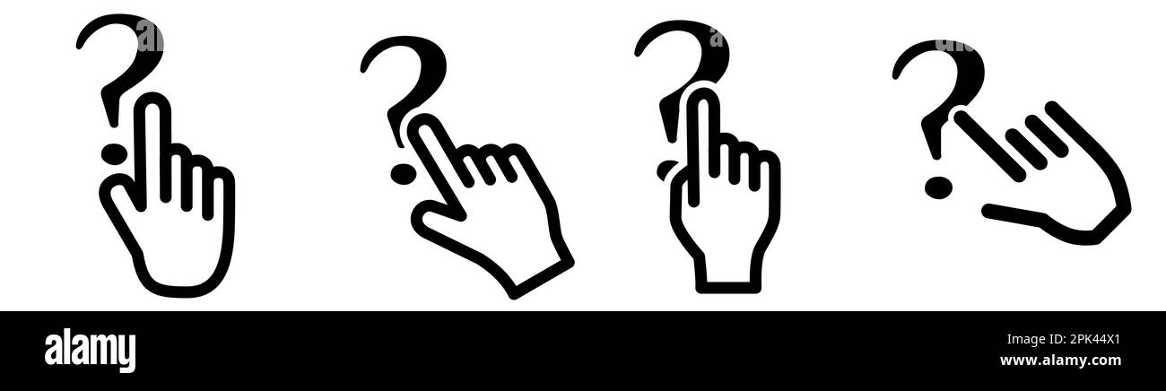 Doigt pointant vers l'icône de point d'interrogation. Concept de sélection d'un inconnu ou de clic sur un objet Illustration de Vecteur