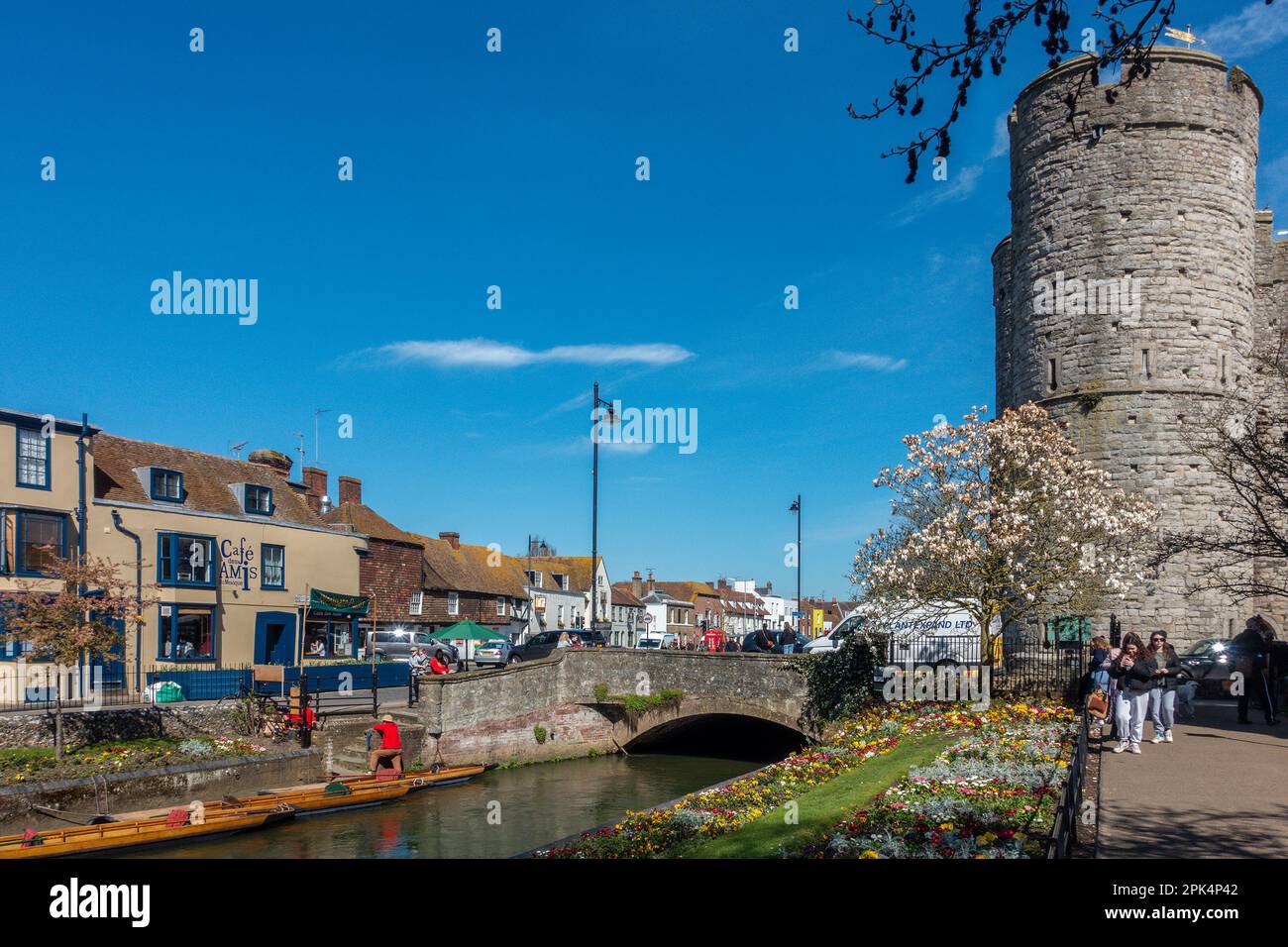 River Stour,Westgate Towers,Spring,Blosson,Flowers,Canterbury,Kent,Angleterre Banque D'Images