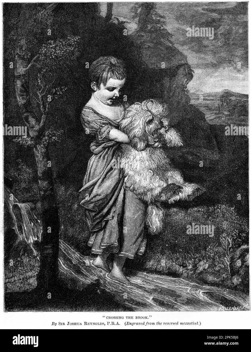 Traversée du ruisseau - une fille porte un chien d'animal de compagnie sur un ruisseau étroit. Publié vers 1880 Banque D'Images