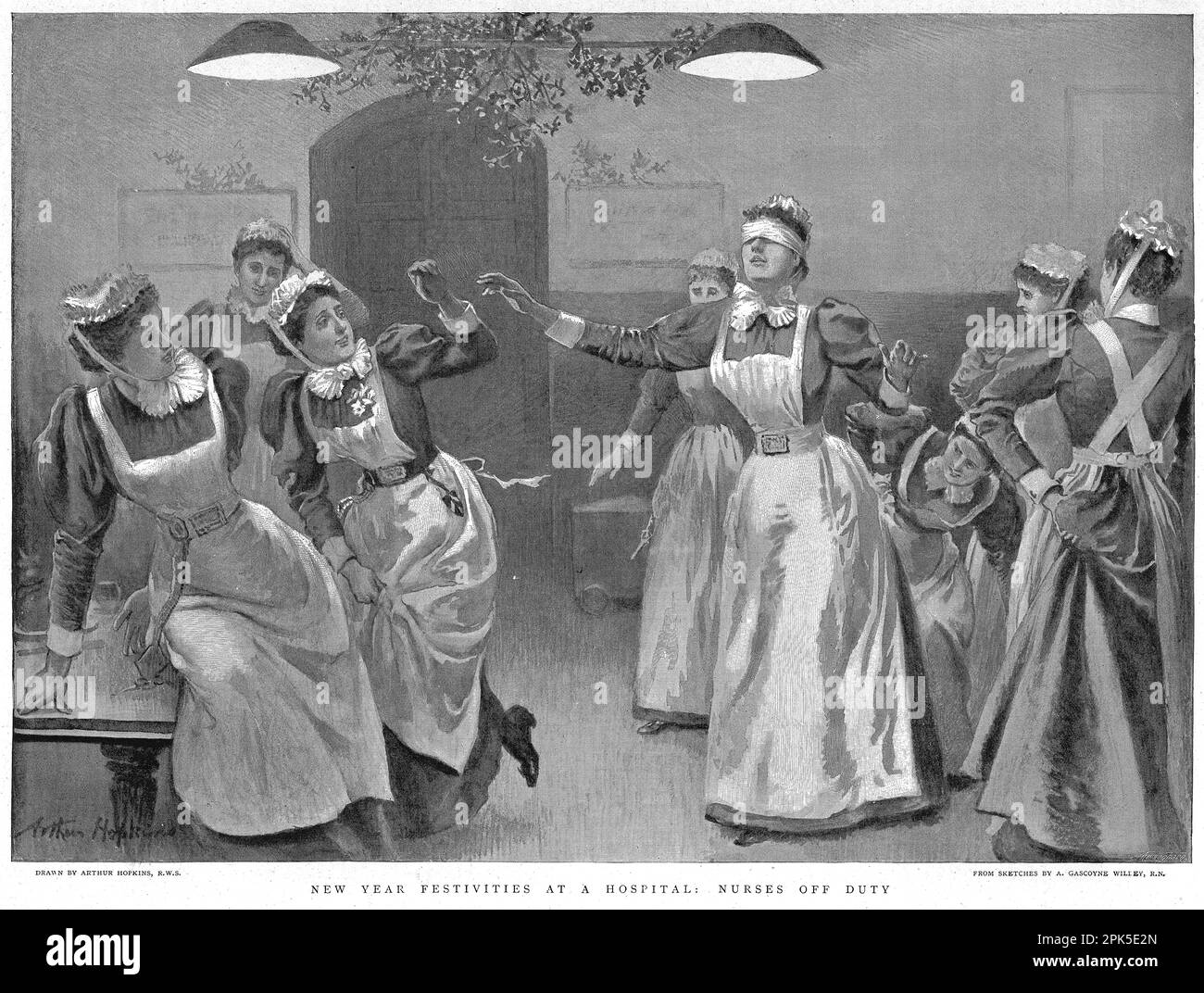 Les infirmières jouent le bluff de l'homme aveugle alors qu'elles célèbrent le nouvel an, publié en 1896 Banque D'Images