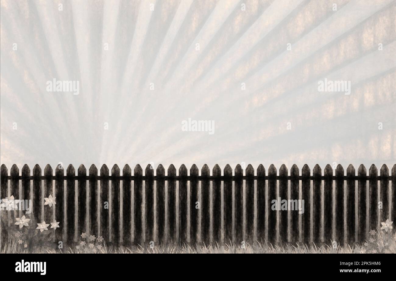 ancienne clôture en bois avec des rayons en arrière-plan et de l'herbe et des fleurs en premier plan Banque D'Images