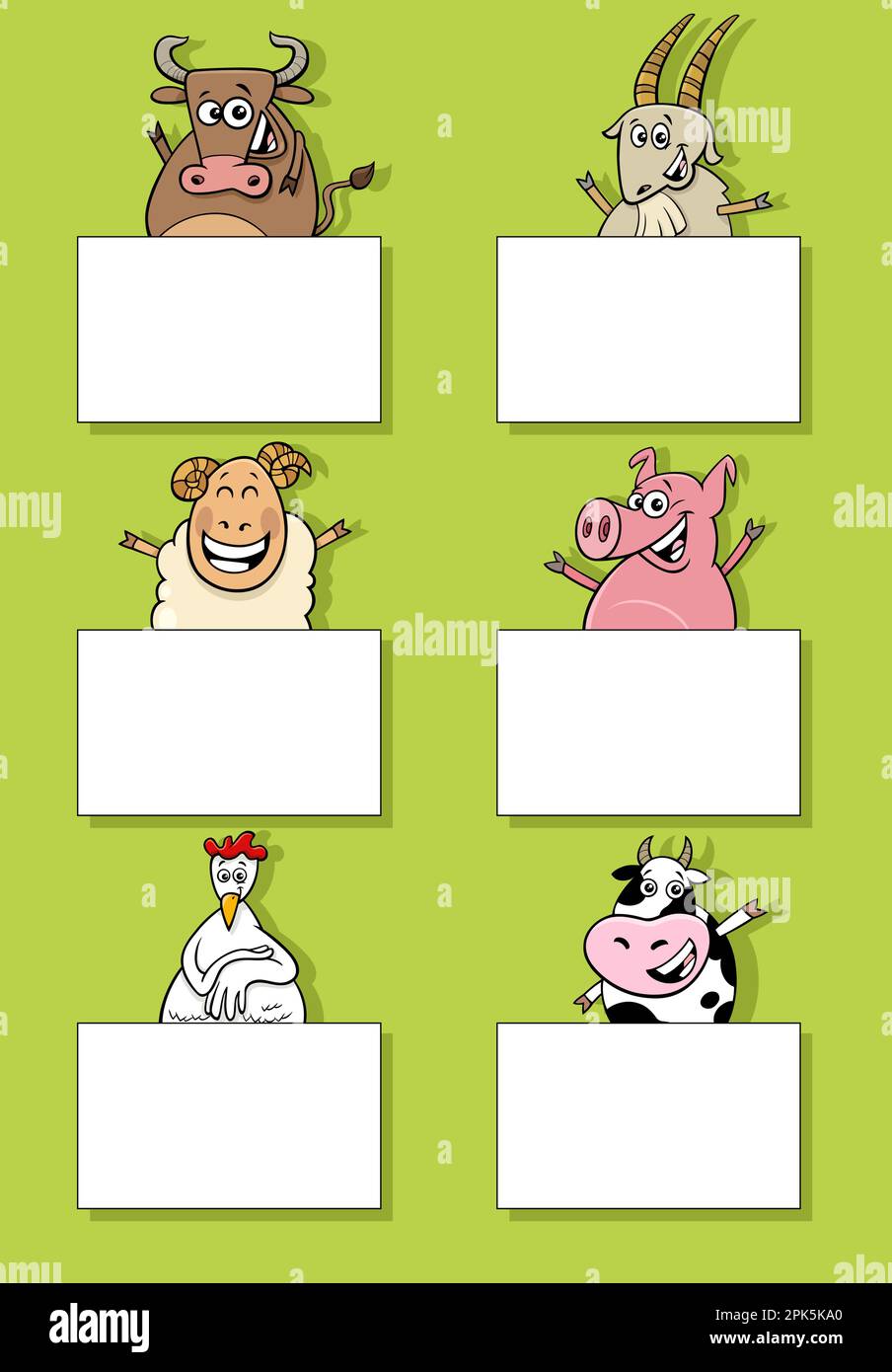 Illustration de dessin animé d'animaux de ferme drôles avec cartes vierges ou bannières design ensemble Illustration de Vecteur