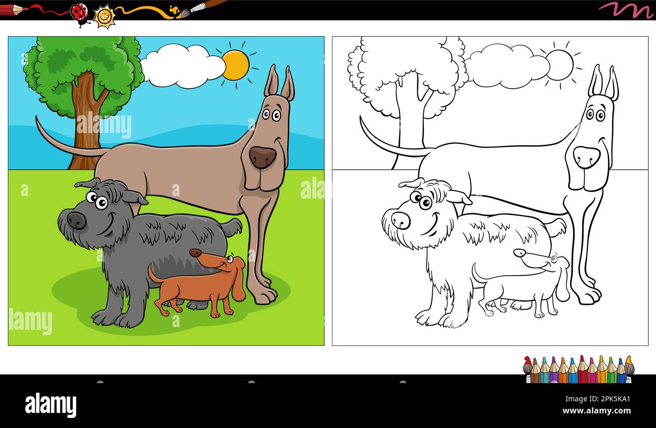 Illustration de dessin animé de chiens drôles groupe de caractères comiques dans la page de coloriage du parc Illustration de Vecteur